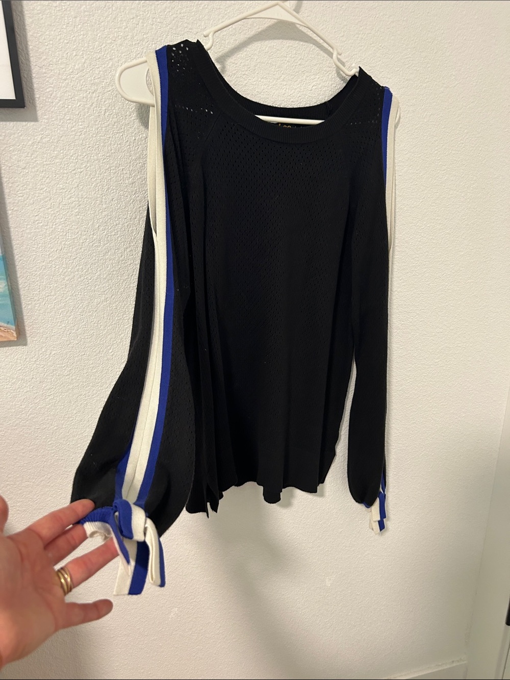 Vintage Lee Black Cold-Shoulder Knit Top with Blue and White Stripes Bows Mesh